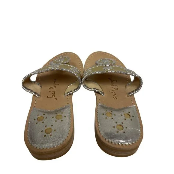 NEW Jack Rogers Women's Sandal Flat Block Heel Silver Gold Size 6 Leather Navajo - Picture 5 of 7